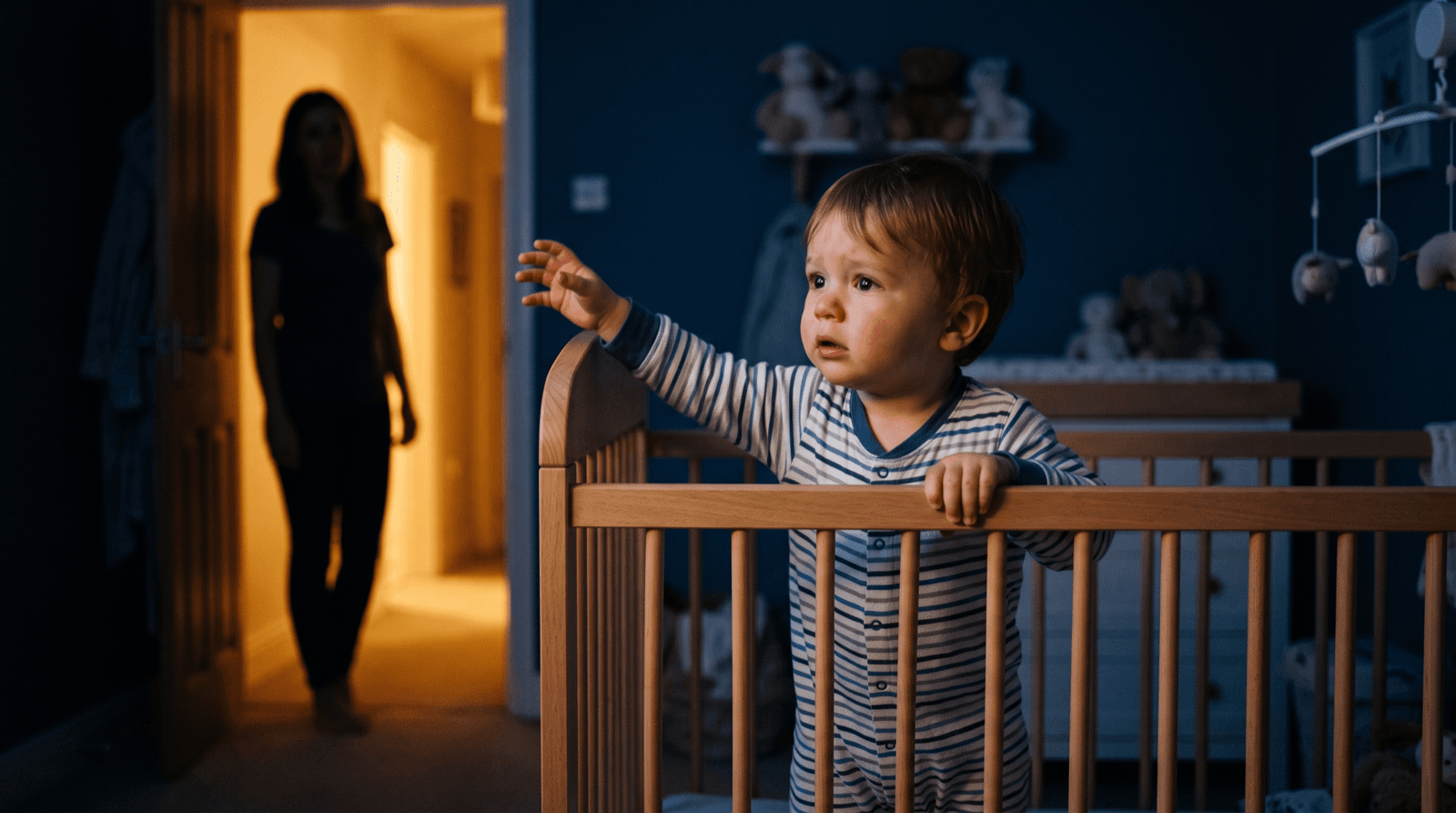 A toddler standing in a cot at night reaching toward a parent in the doorway