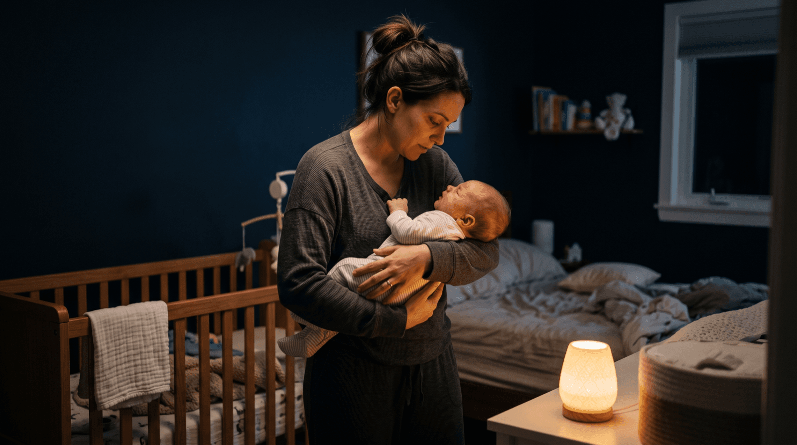 A tired mother gently rocking her 4-month-old baby in a dark bedroom at night