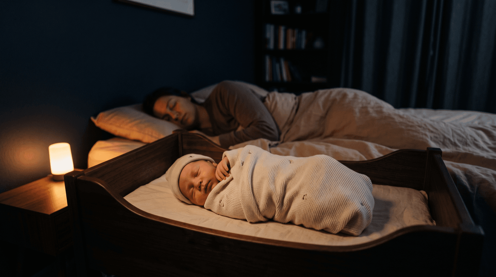 A newborn baby swaddled and sleeping peacefully in a bassinet at night