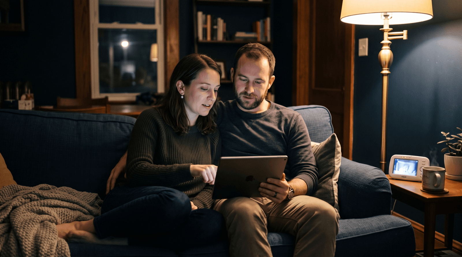 Two parents sitting together on a couch at night looking at a tablet