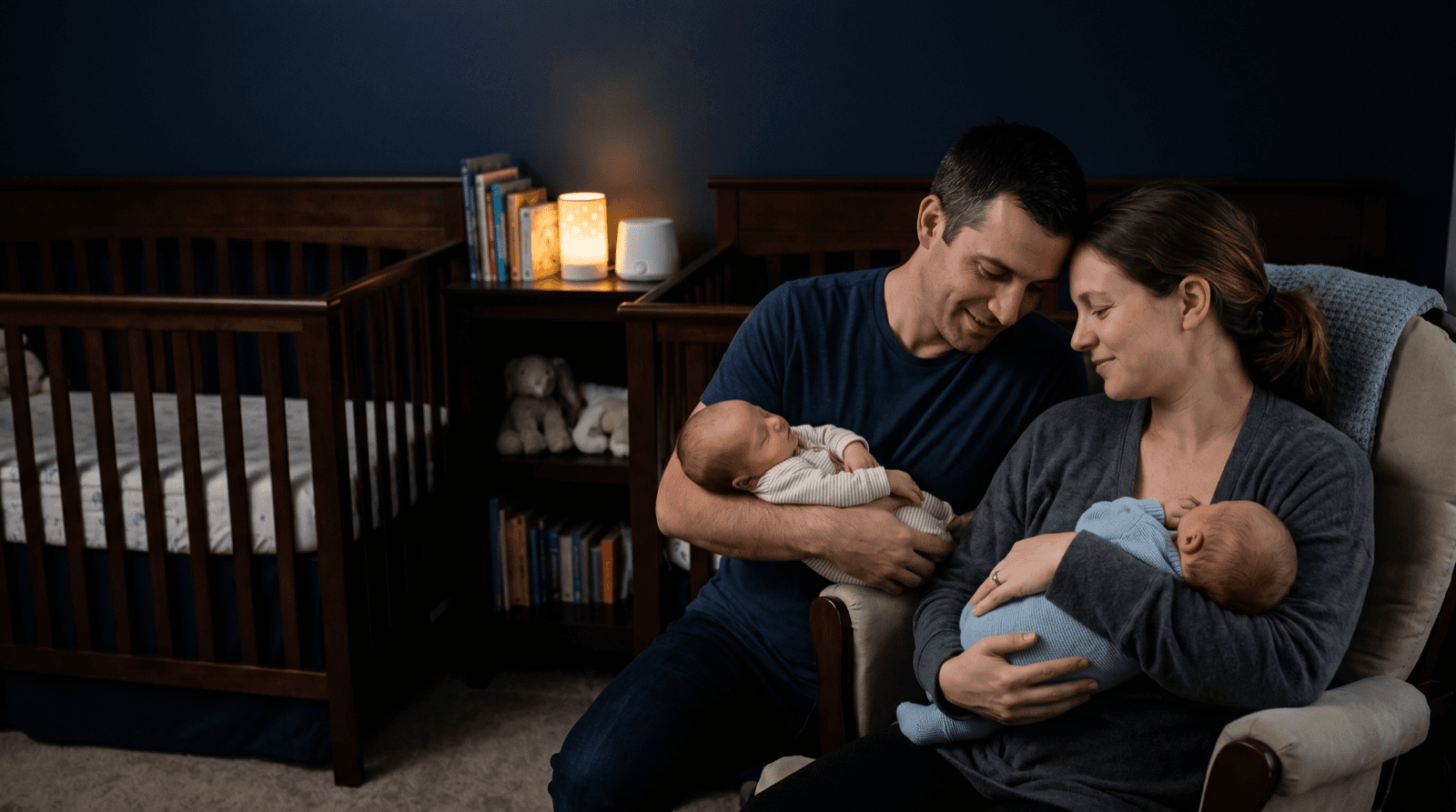 Two parents each holding one of their twin babies in a dark nursery at night