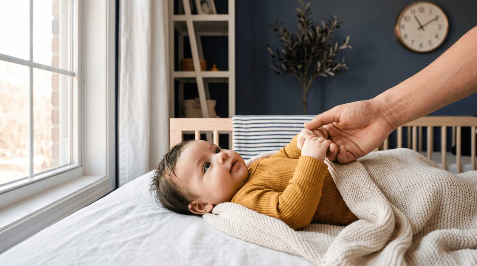 A calm, alert baby in soft daylight near a window with a parent's hand nearby
