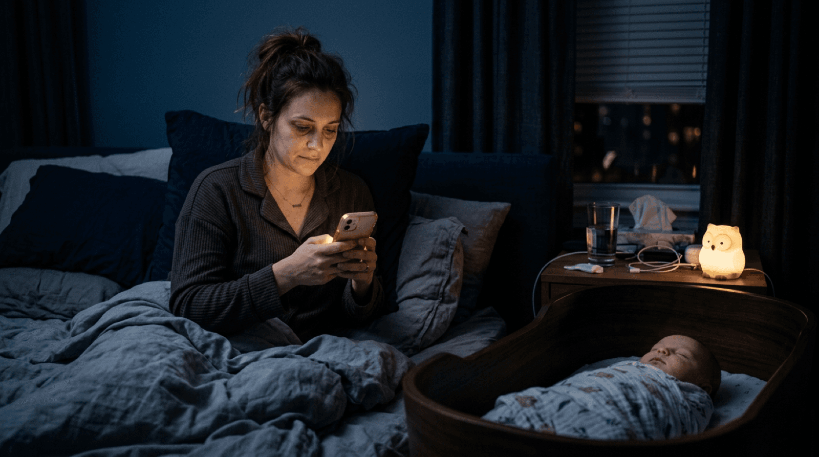An exhausted parent checking a glowing smartphone at 3am beside a sleeping baby
